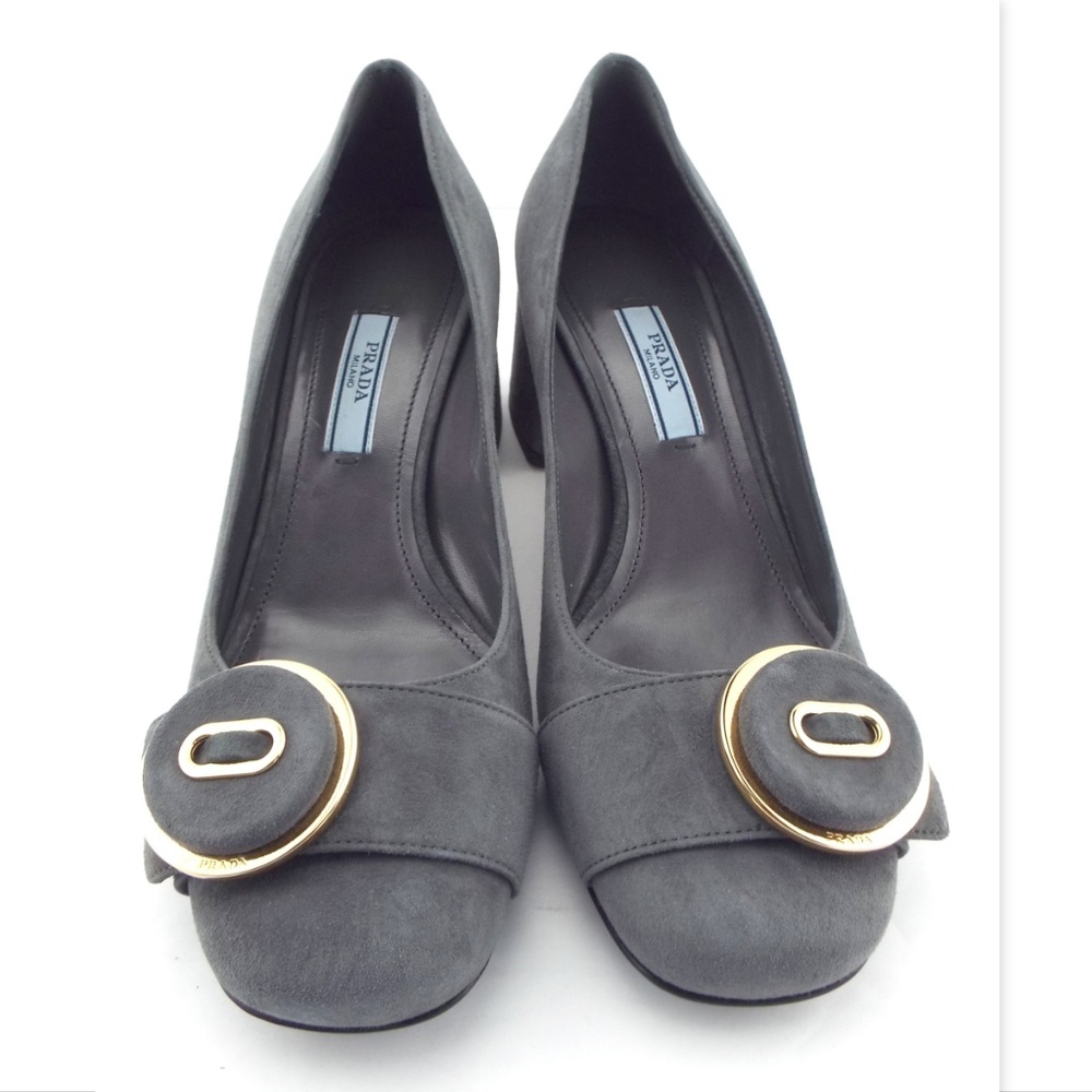 New PRADA Logo Detail Button Accent Ash Gray Suede Leather Block Heel Pumps 36.5